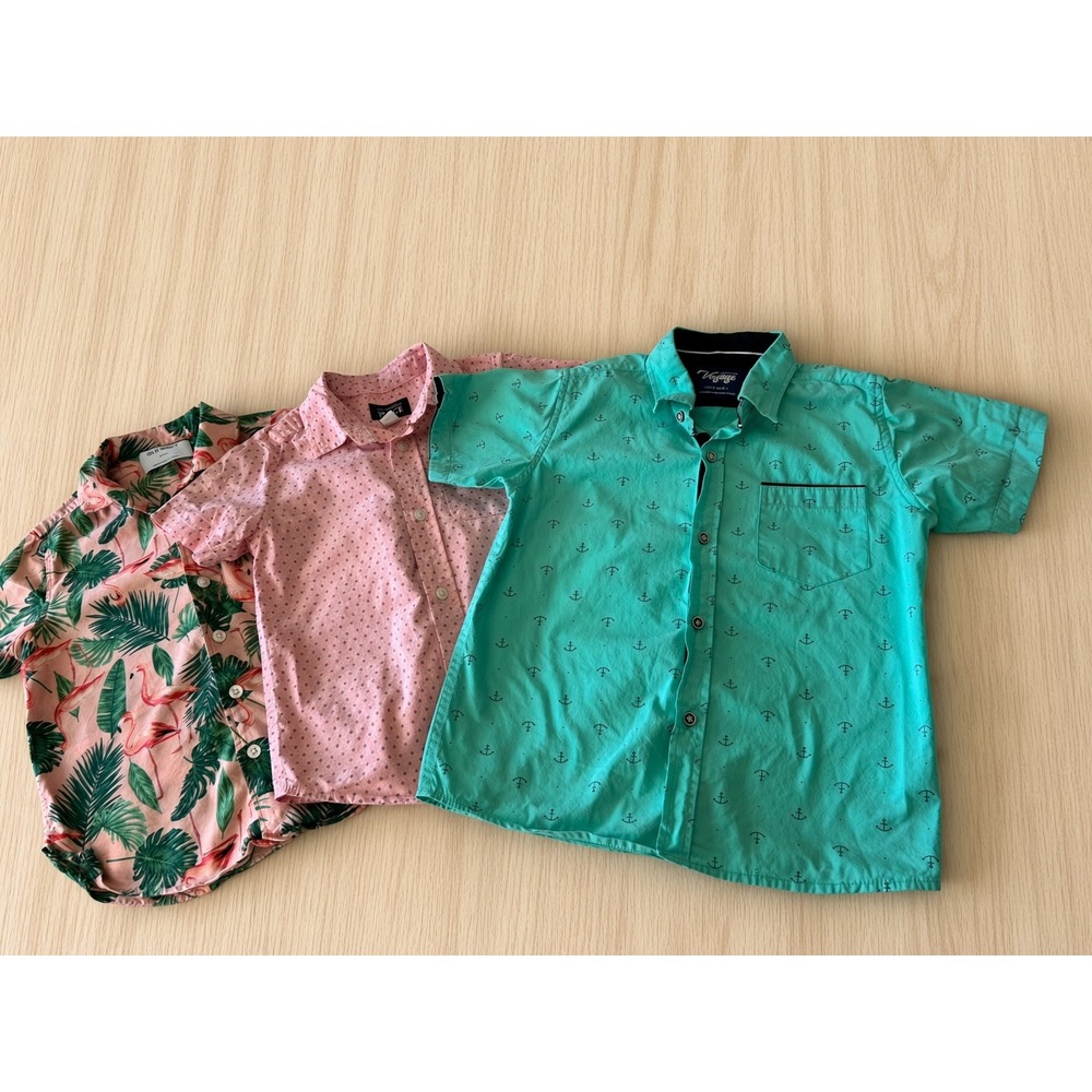 Boys Button Down Shirt Lot 3 Old Navy Childrens Place Voyage Teal Pink Flamingo